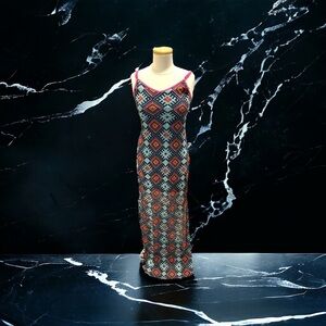Fire Los Angeles Blue Pink Aztec Sleeveless Maxi  Dress Sz M Mesh Southwest Boho